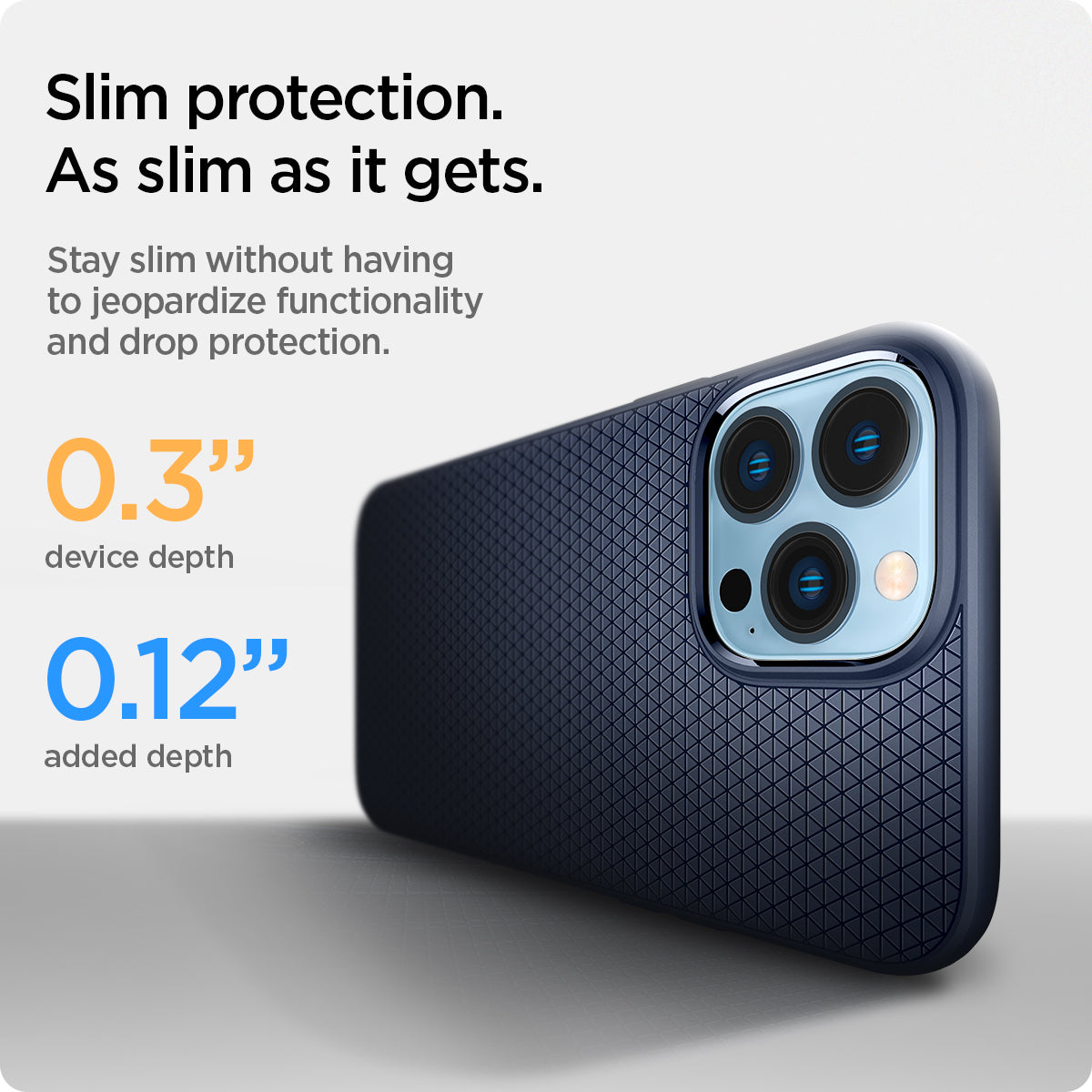 ACS03202 - iPhone 13 Pro Max Case Liquid Air in navy blue showing the slim protection. Stay slim without having to jeopardize functionality and drop protection 0.3" device depth 0.12" added depth