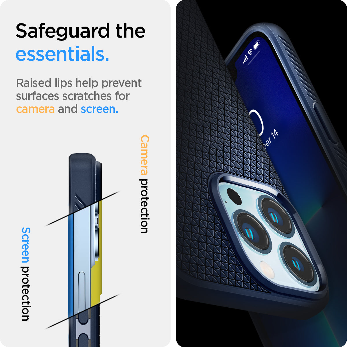 ACS03202 - iPhone 13 Pro Max Case Liquid Air in navy blue showing the raised lips help prevent surfaces scratches for camera and screen. Camera protection and Screen protection