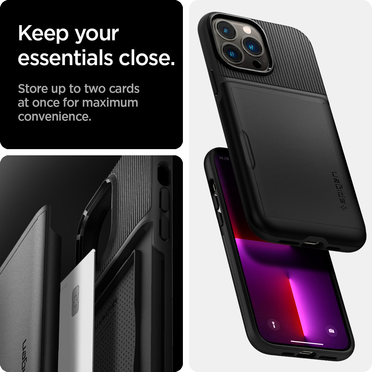 ACS03274 - iPhone 13 Pro Case Slim Armor CS in black showing keep your essentials close. Store up to two cards at once for maximum convenience.