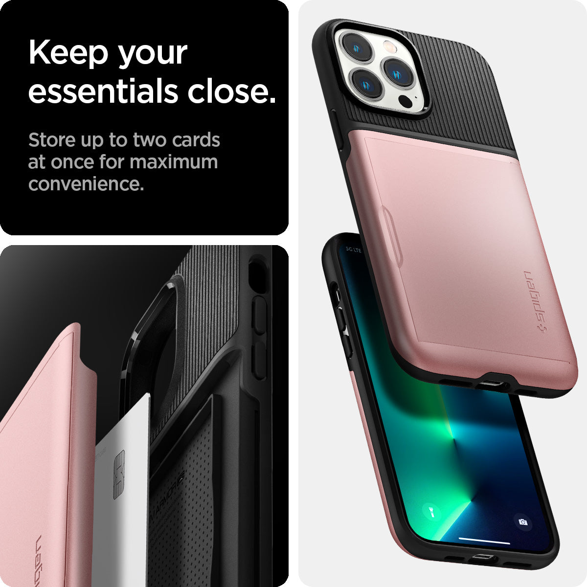 ACS03219 - iPhone 13 Pro Max Case Slim Armor CS in rose gold showing keep your essentials close. Store up to two cards at once for maximum convenience.