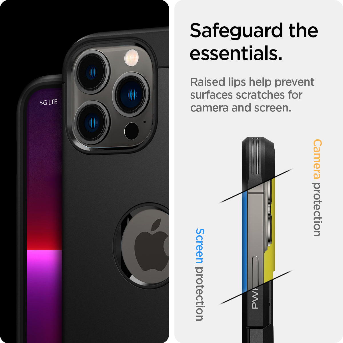 ACS03222 - iPhone 13 Pro Max Case Tough Armor in black showing the safeguard the essentials. Raised lips help prevent surfaces scratches for camera and screen.