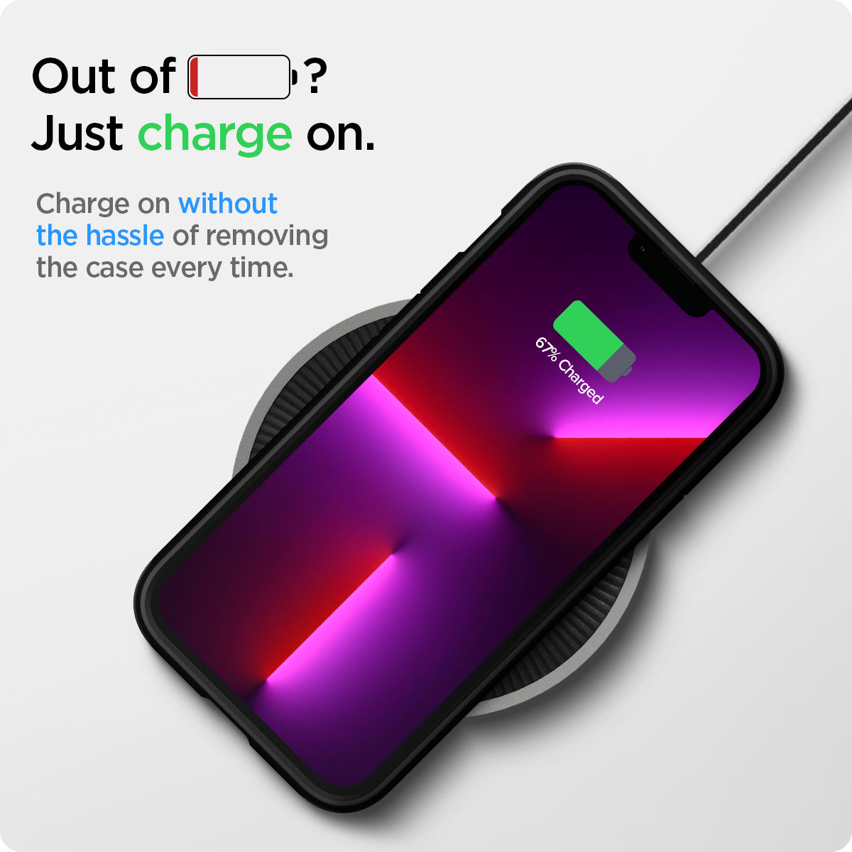 ACS03222 - iPhone 13 Pro Max Case Tough Armor in black showing the charging on without the hassle of removing the case every time
