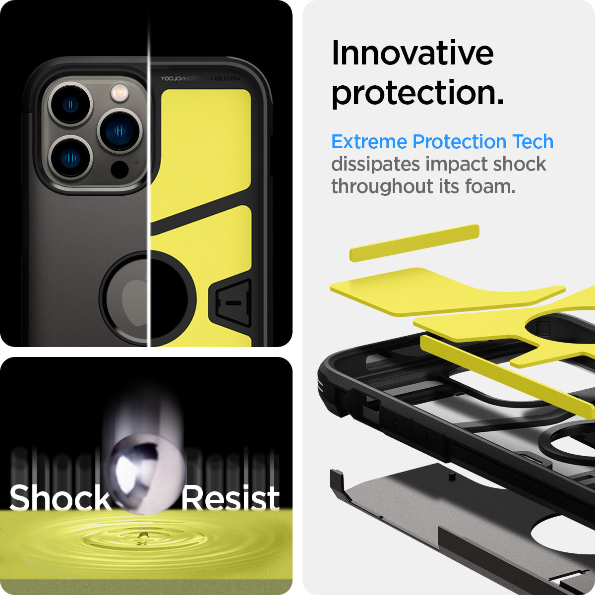 ACS03221 - iPhone 13 Pro Max Case Tough Armor in gunmetal showing the innovative protection. Extreme Protection Tech. Extreme Protection Tech dissipates impact shock throughout is foam