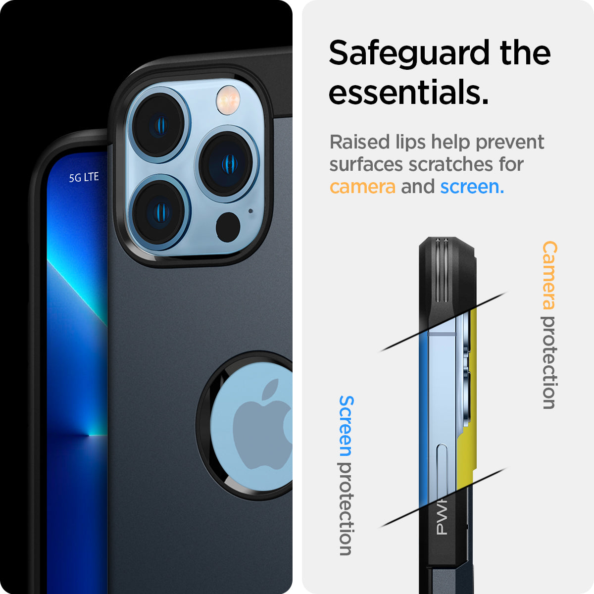 ACS03223 - iPhone 13 Pro Max Case Tough Armor in metal slate showing safeguard the essentials. Raised lips help prevent surfaces scratches for camera and screen.