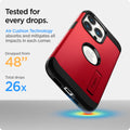 ACS03224 - iPhone 13 Pro Max Case Tough Armor in red showing tested for every drops. Air Cushion Technology absorbs and mitigates all impacts in each corner. Dropped from 48