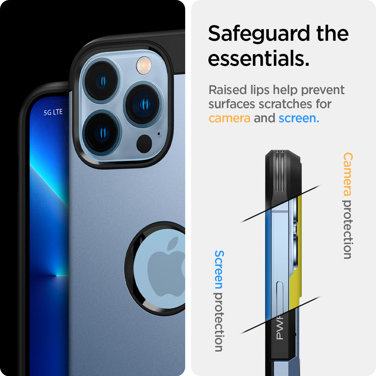ACS03838 - iPhone 13 Pro Max Case Tough Armor in sierra blue showing safeguard the essentials. Raised lips help prevent surfaces scratches for camera and screen.