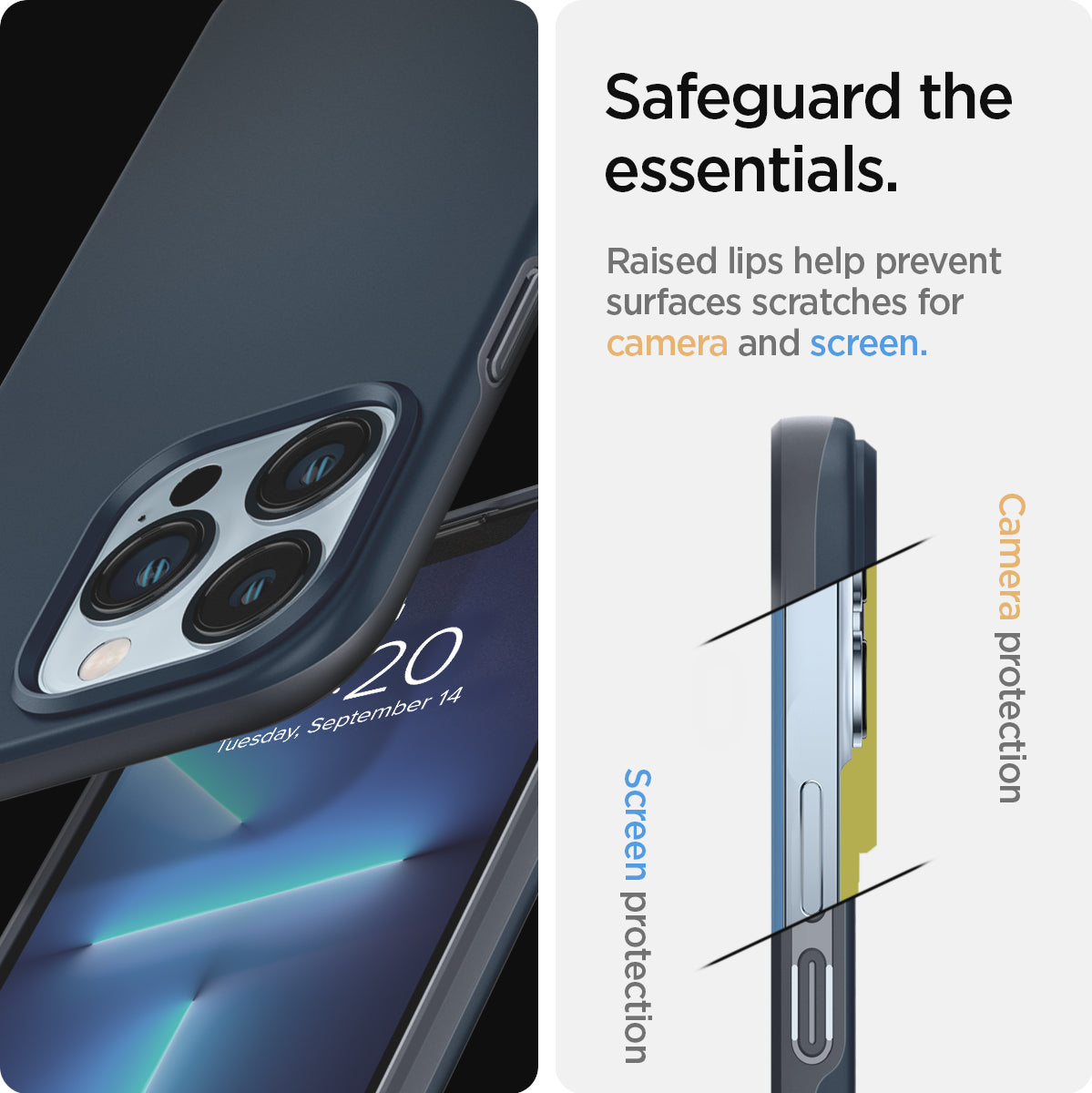 ACS03192 - iPhone 13 Pro Max Case Thin Fit in metal slate showing the raised lips help prevent surfaces scratches for camera and screen. Screen protection and Camera protection