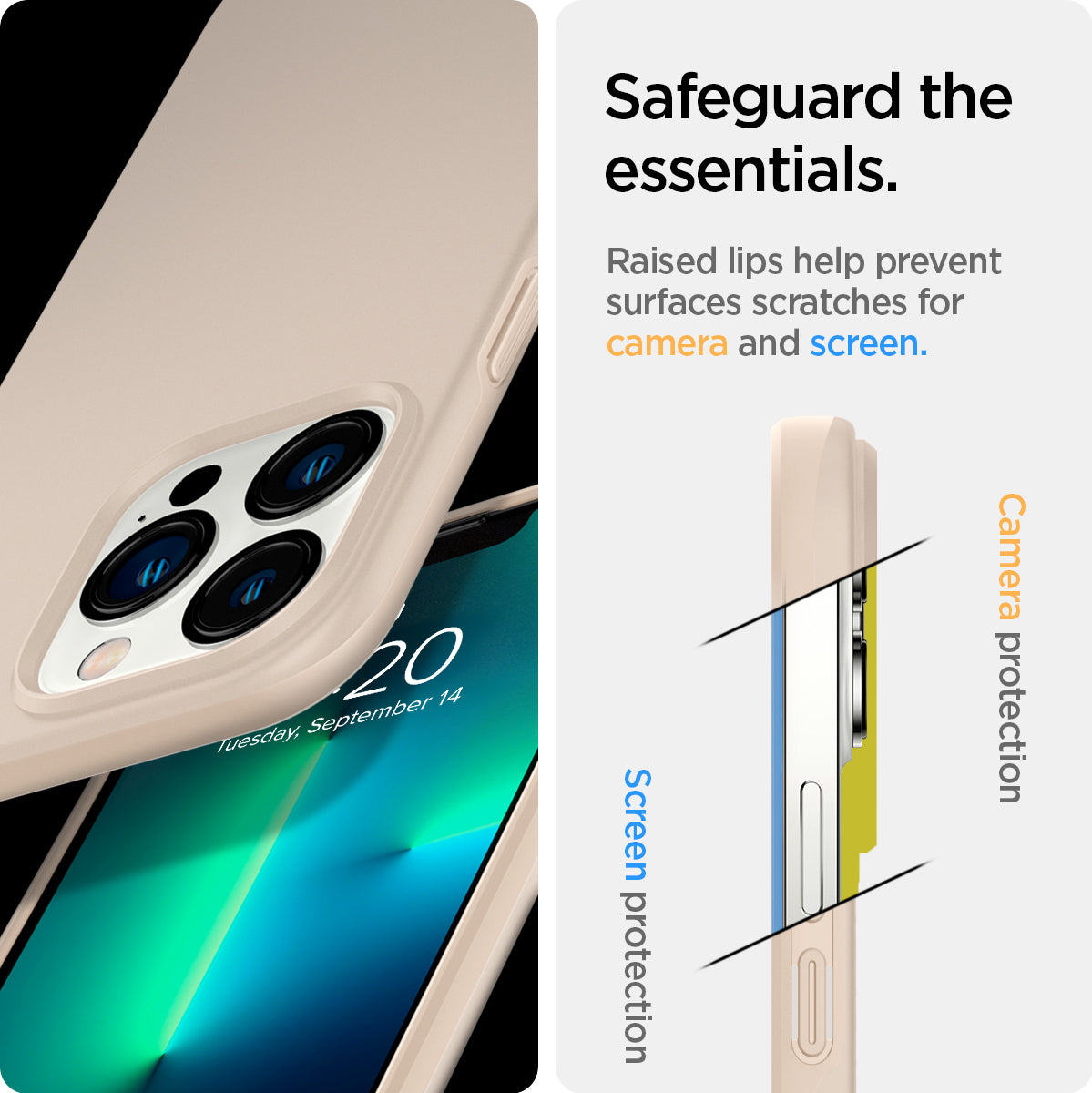 ACS03195 - iPhone 13 Pro Max Case Thin Fit in sand beige showing the raised lips help prevent surfaces scratches for camera and screen. Screen protection and Camera protection
