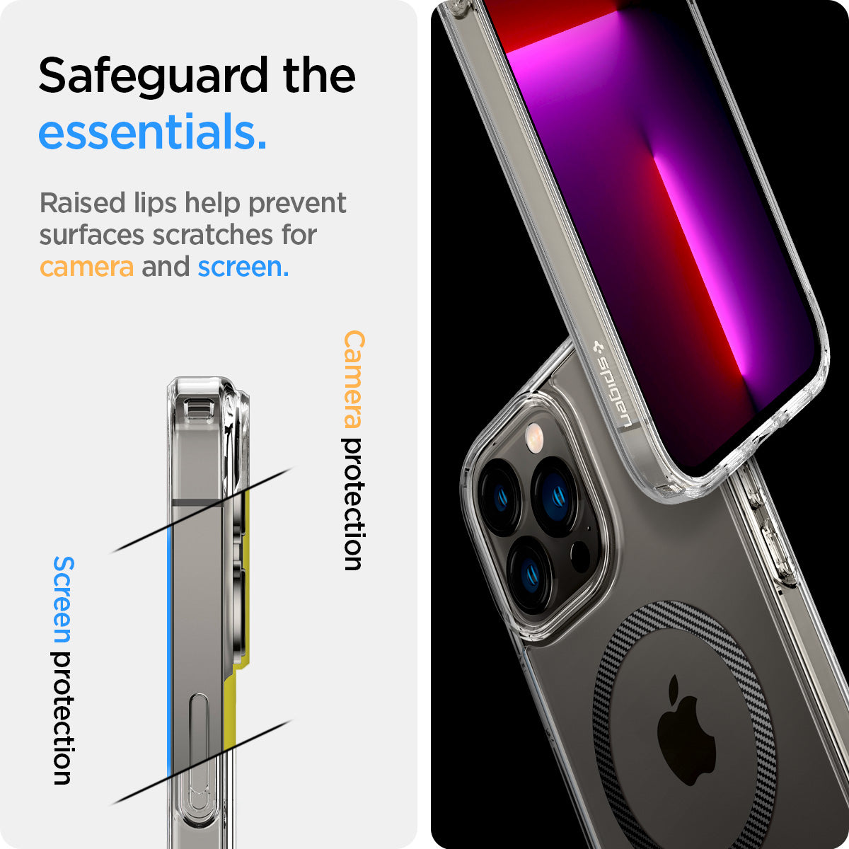 ACS04084 - iPhone 13 Pro Max Case Ultra Hybrid Mag (MagFit) in carbon fiber showing the raised lips help prevent surfaces scratches for camera and screen. Screen protection and camera protection