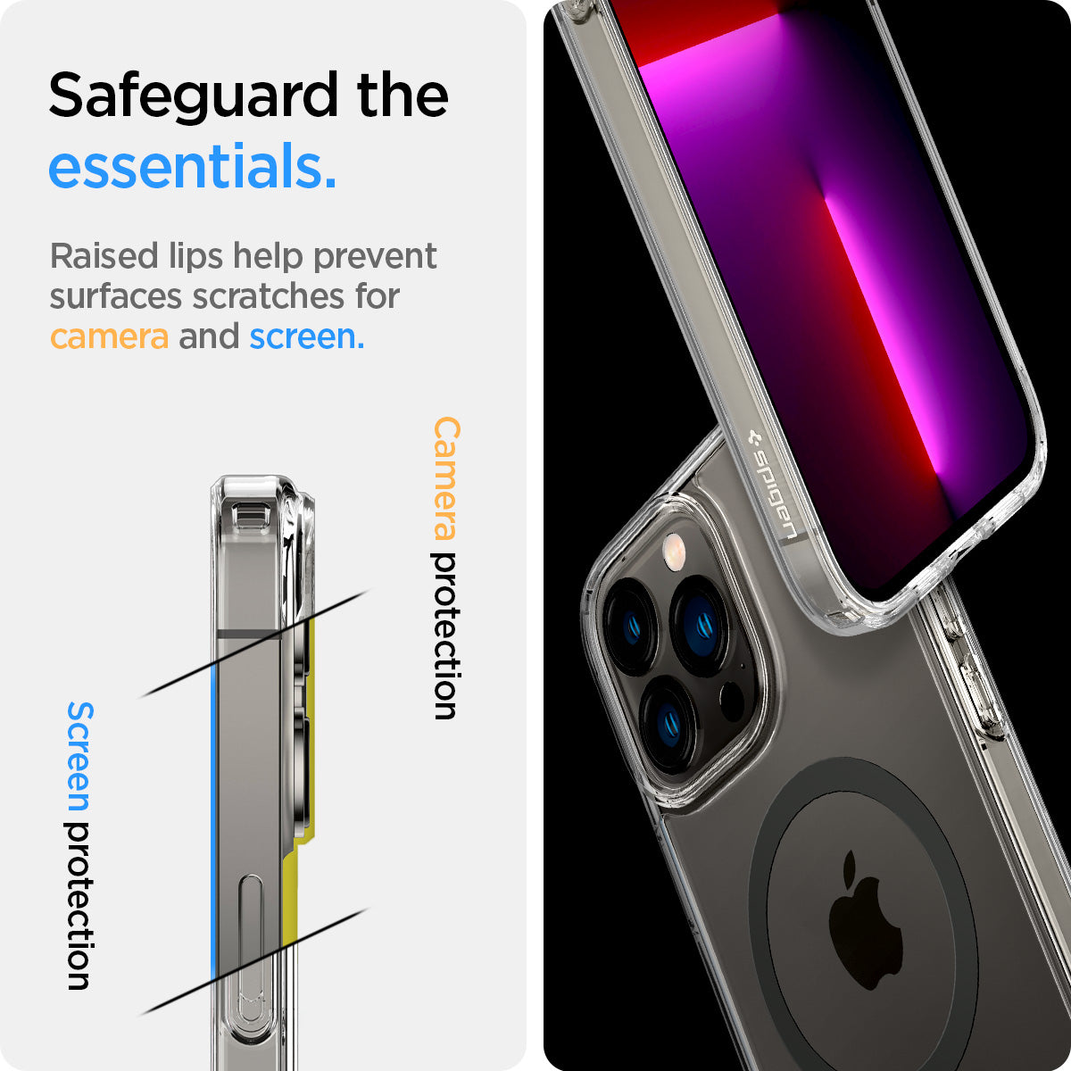ACS03211 - iPhone 13 Pro Max Case Ultra Hybrid Mag Safe Compatible in graphite showing the raised lips help prevent surfaces scratches for camera and screen. Screen protection and camera protection