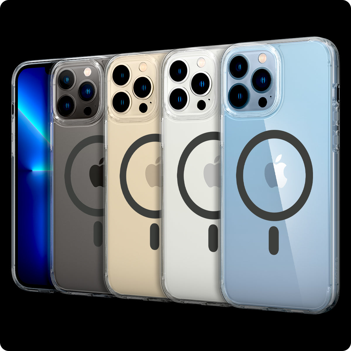 ACS03211 - iPhone 13 Pro Max Case Ultra Hybrid Mag Safe Compatible in graphite showing the multiple cases back and partial front showcasing different colors of the devices