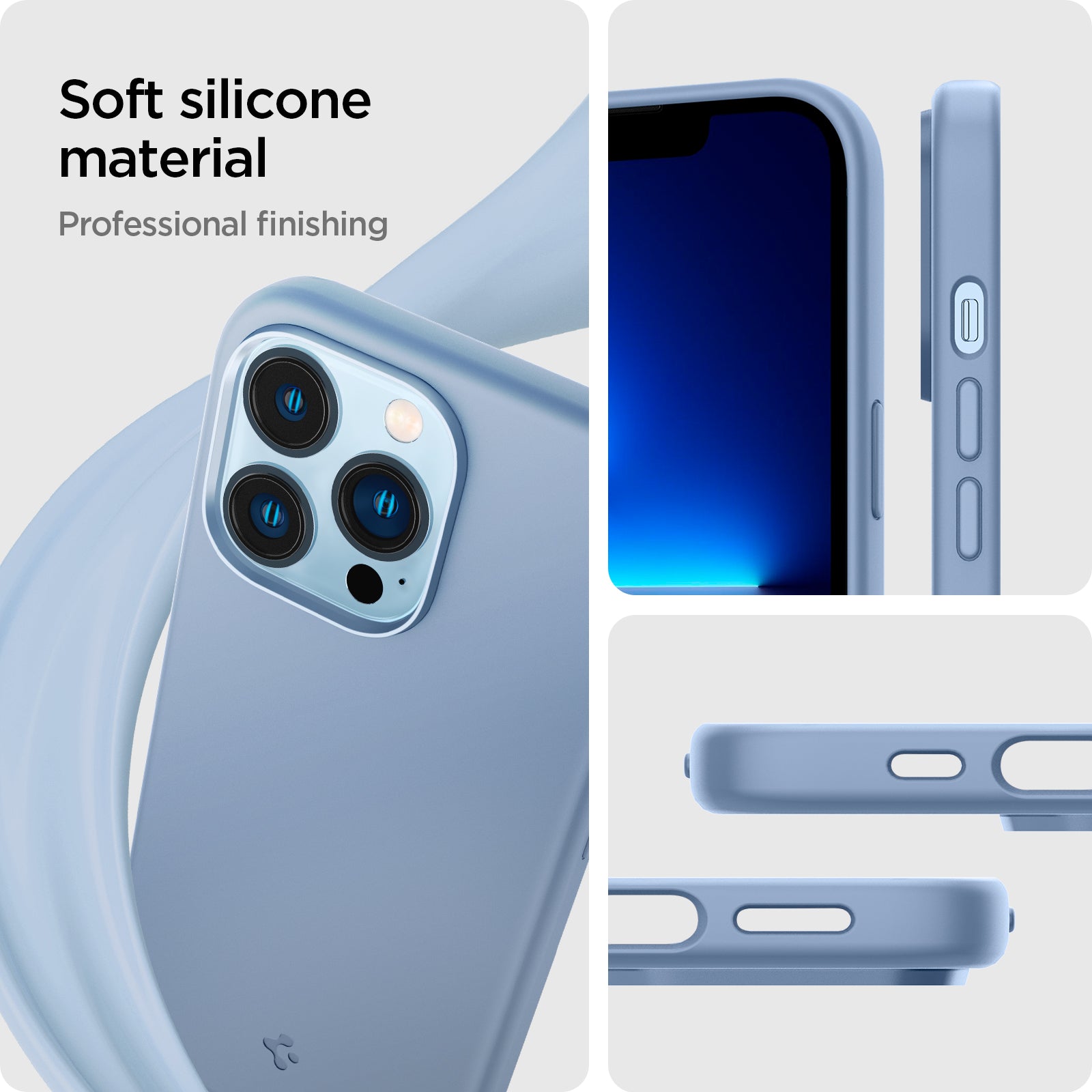 ACS03908 - iPhone 13 Pro Case Silicone Fit in sierra blue showing the soft silicone material. Professional finishing