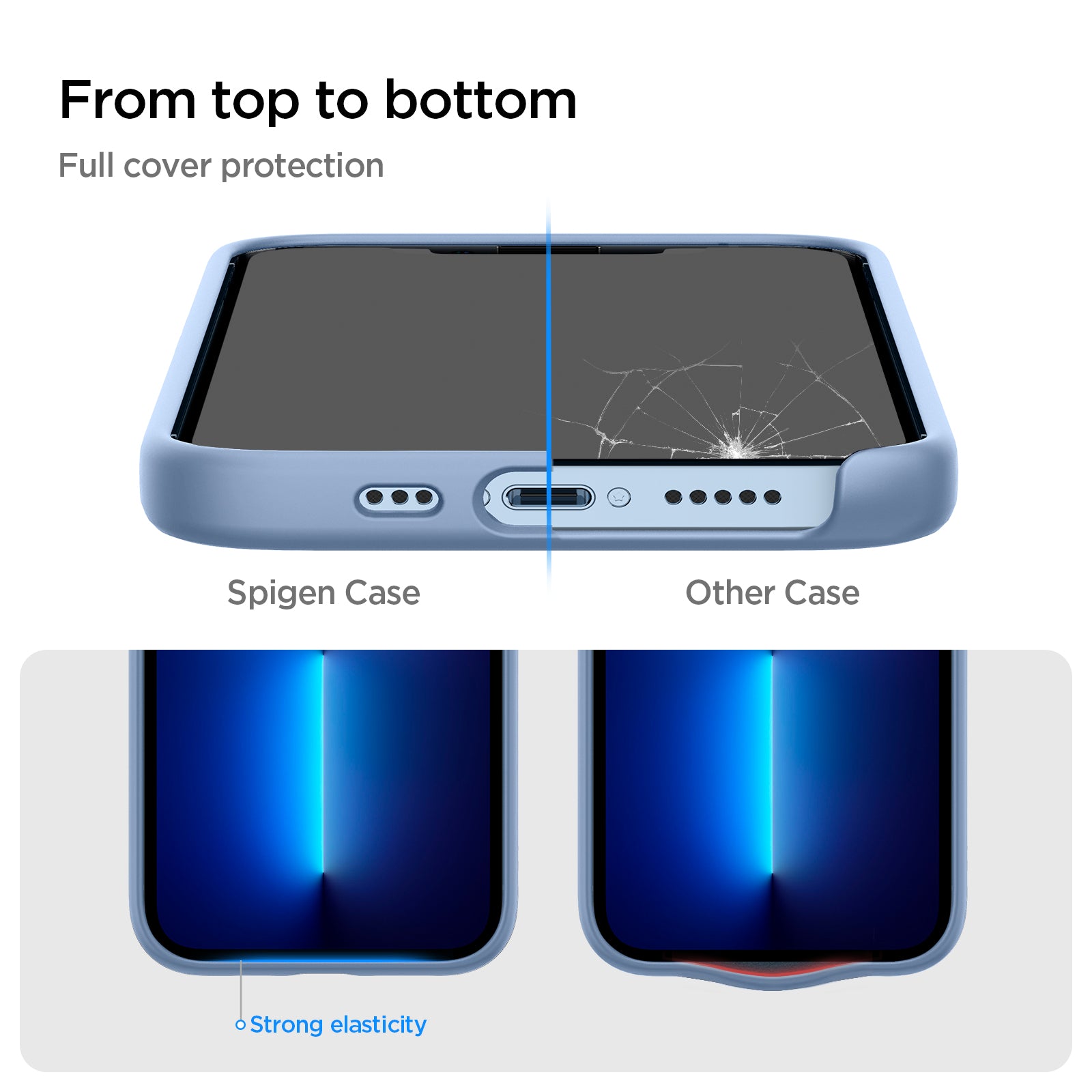 ACS03908 - iPhone 13 Pro Case Silicone Fit in sierra blue showing the full cover protection from top to bottom. Strong elasticity