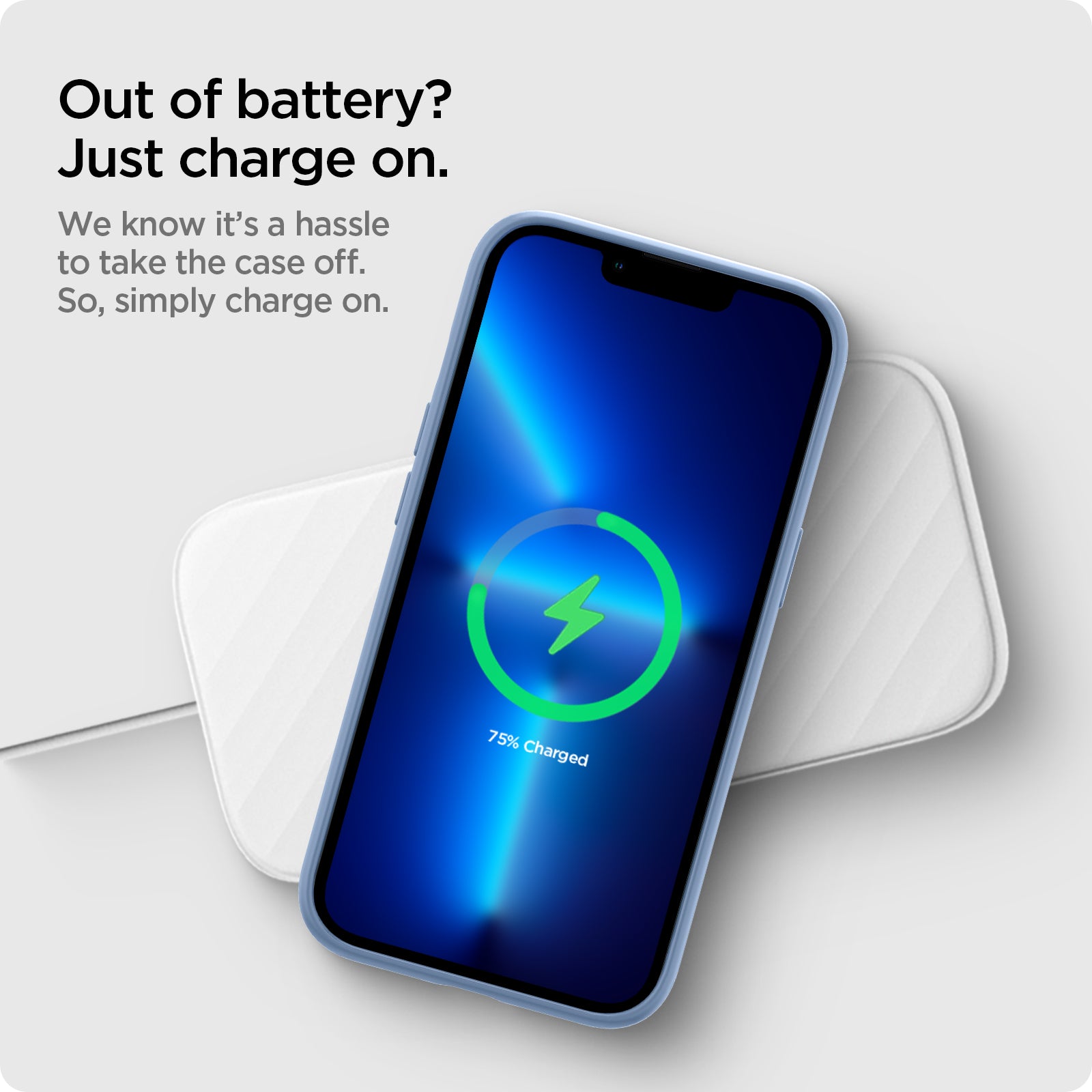 ACS03908 - iPhone 13 Pro Case Silicone Fit in sierra blue showing simply charging on, we know it's a hassle to take the case off
