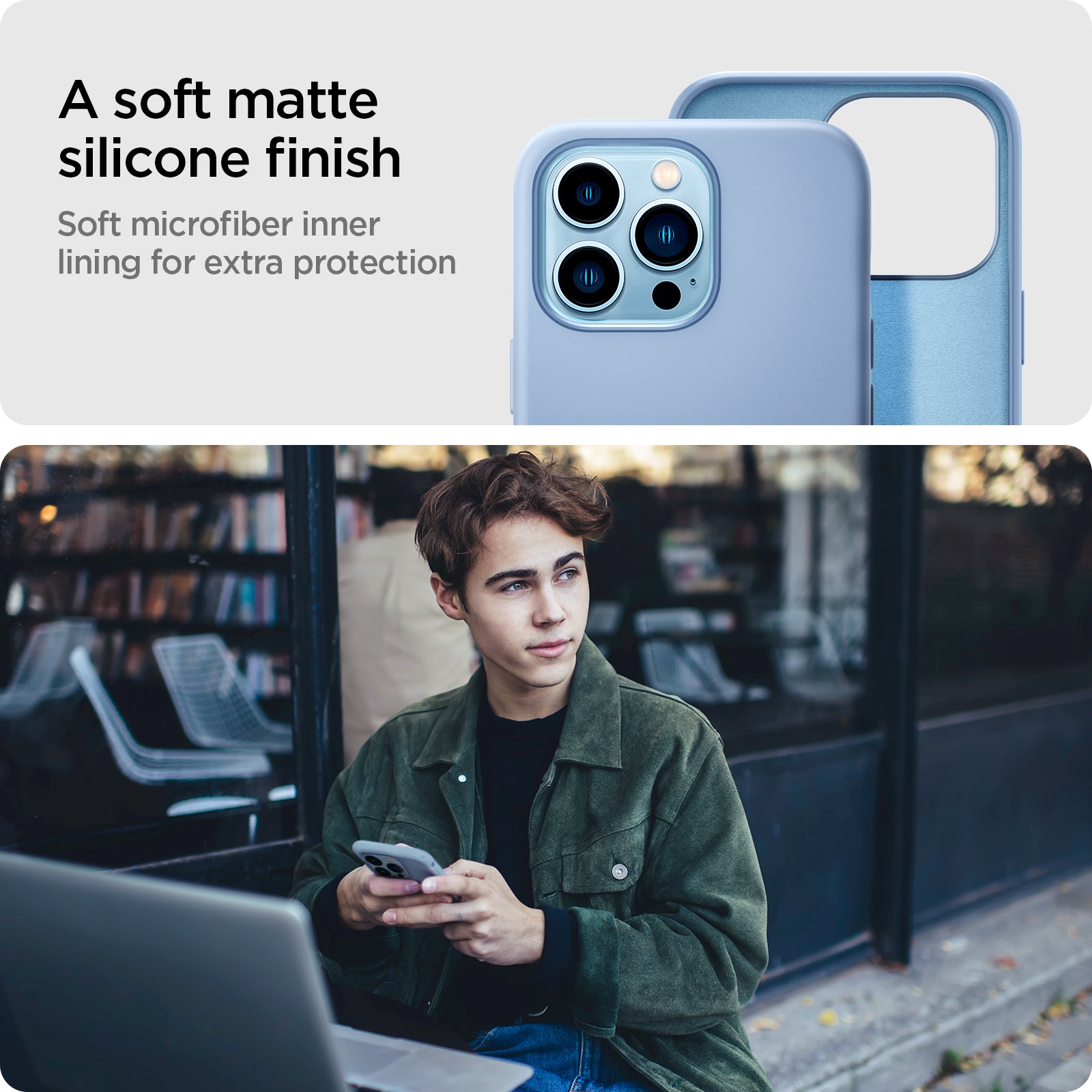 ACS03908 - iPhone 13 Pro Case Silicone Fit in sierra blue showing the soft matte silicone finish. Soft microfiber inner lining for extra protection