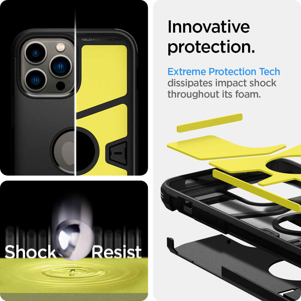 ACS03277 - iPhone 13 Pro Case Tough Armor in black showing the innovative protection. Extreme Protection Tech dissipates impact shock throughout its foam