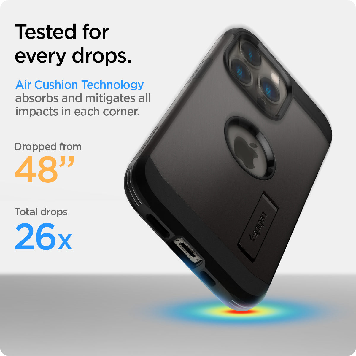 ACS03276 - iPhone 13 Pro Case Tough Armor in gunmetal showing tested for every drops. Air Cushion Technology absorbs and mitigates all impacts in each corner. Dropped from 48" | Total drops 26x