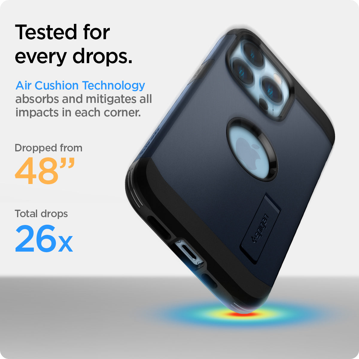 ACS03279 - iPhone 13 Pro Case Tough Armor in navy blue showing tested for every drops. Air Cushion Technology absorbs and mitigates all impacts in each corner. Dropped from 48" | Total drops 26x