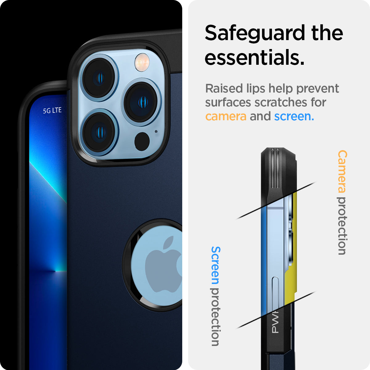 ACS03279 - iPhone 13 Pro Case Tough Armor in navy blue showing safeguard the essentials. Raised lips help prevent surfaces scratches for camera and screen.