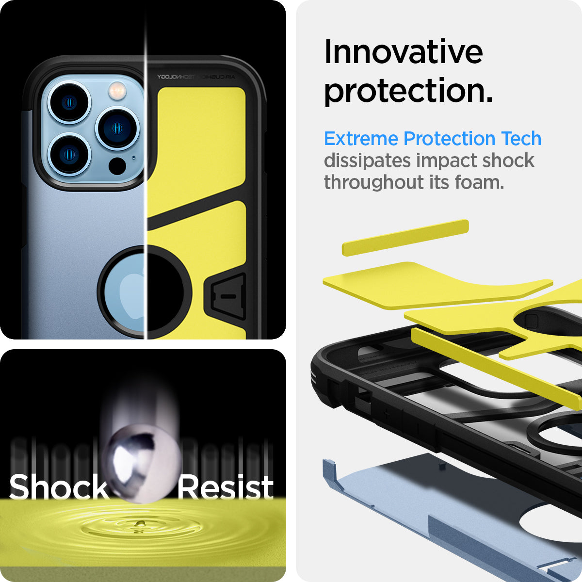 ACS03839 - iPhone 13 Pro Case Tough Armor in sierra blue showing the innovative protection. Extreme Protection Tech dissipates impact shock throughout its foam