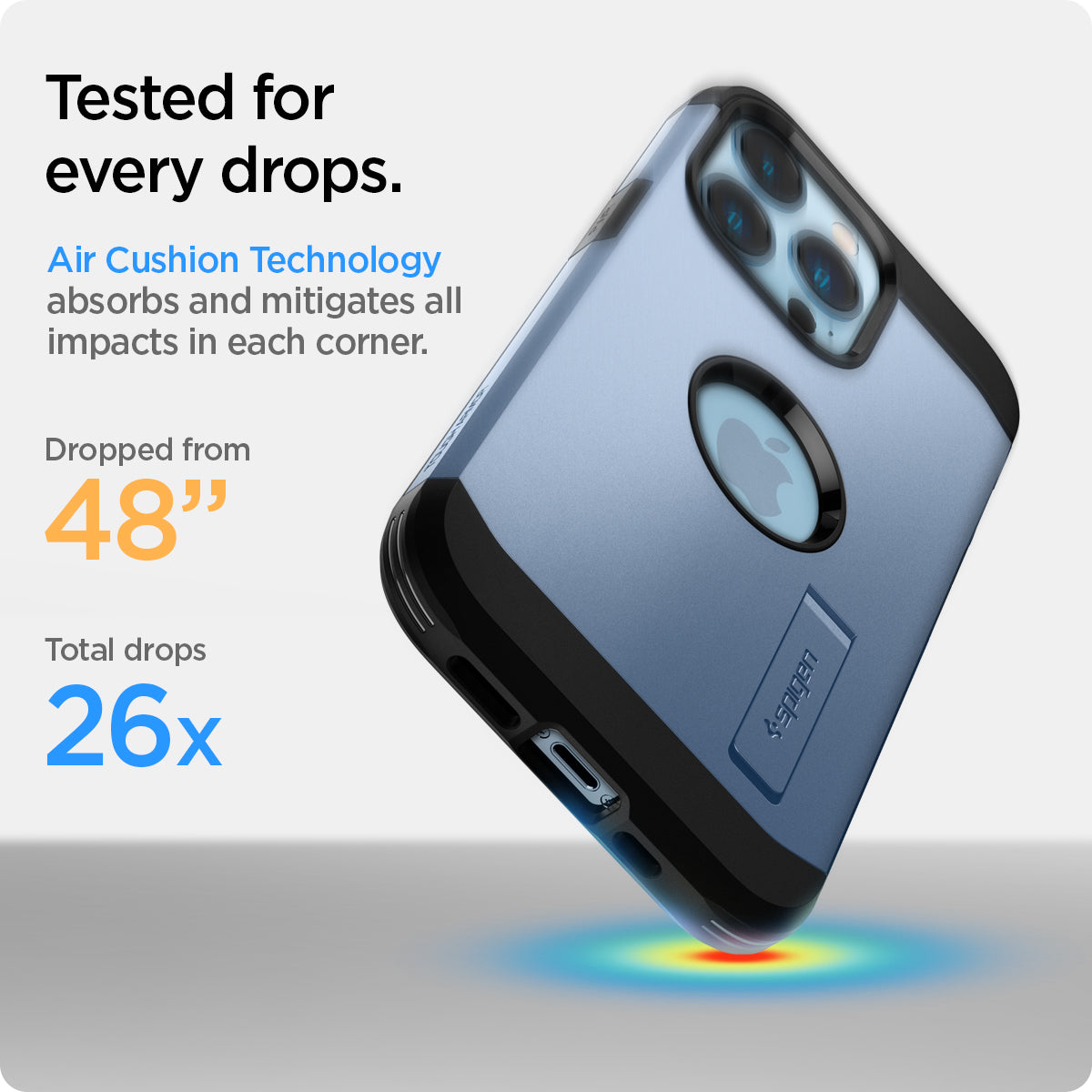 ACS03839 - iPhone 13 Pro Case Tough Armor in sierra blue showing tested for every drops. Air Cushion Technology absorbs and mitigates all impacts in each corner. Dropped from 48" | Total drops 26x