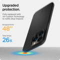 ACS03675 - iPhone 13 Pro Case Thin Fit in black showing the upgraded protection. Fully equipped with Air Cushion Technology to nullify drop impacts. Dropped from 48