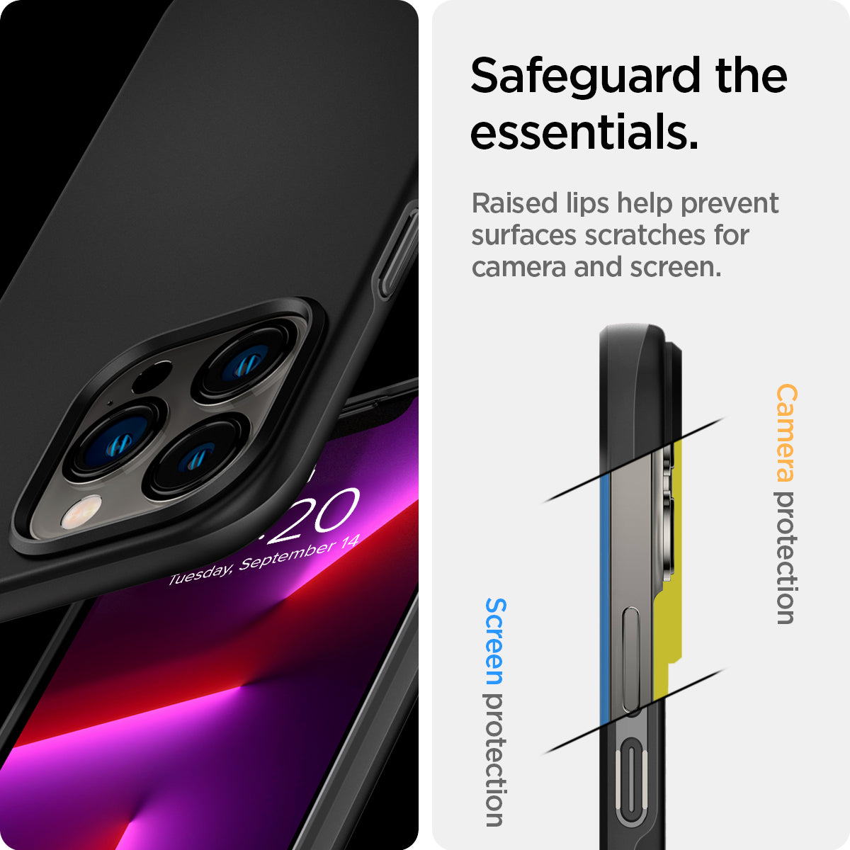 ACS03675 - iPhone 13 Pro Case Thin Fit in black showing the raised lips help prevent surfaces scratches for camera and screen. Screen protection and Camera protection