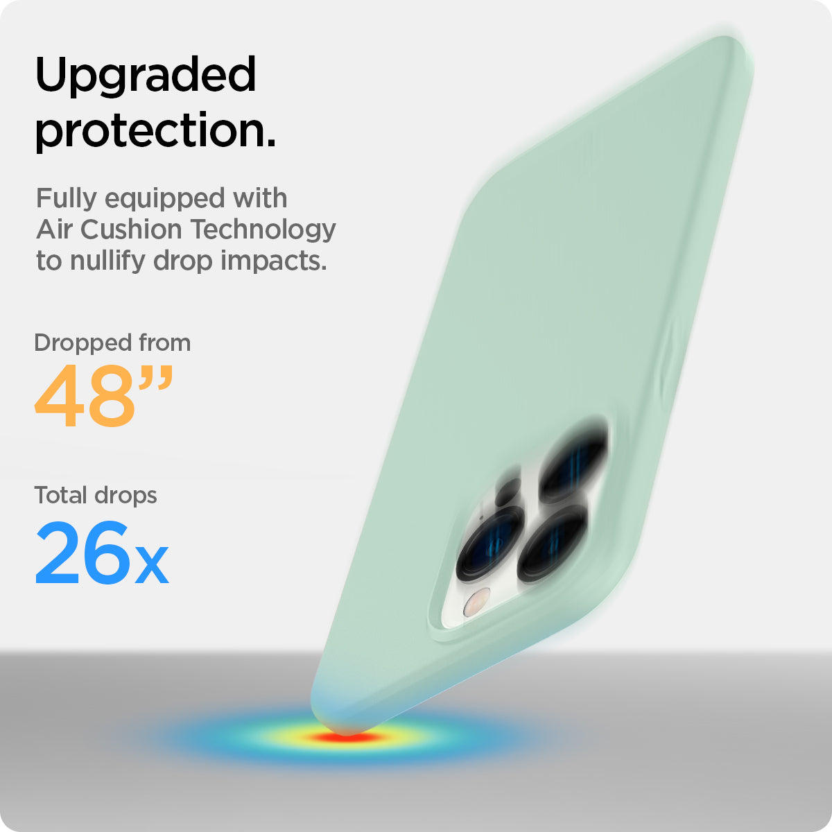 ACS03493 - iPhone 13 Pro Case Thin Fit in apple mint showing the upgraded protection. Fully equipped with Air Cushion Technology to nullify drop impacts. Dropped from 48" | Total drops 26x