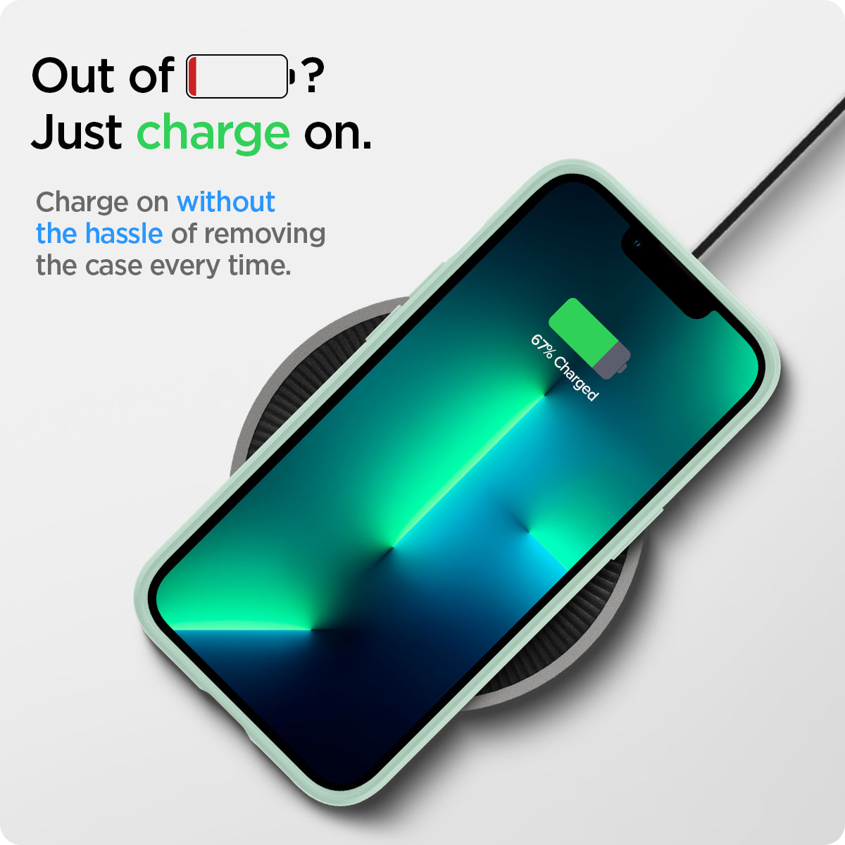 ACS03493 - iPhone 13 Pro Case Thin Fit in apple mint showing charging on without the hassle of removing the case every time