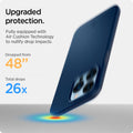 ACS03250 - iPhone 13 Pro Case Thin Fit in navy blue showing the upgraded protection. Fully equipped with Air Cushion Technology to nullify drop impacts. Dropped from 48