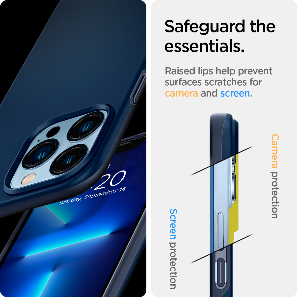 ACS03250 - iPhone 13 Pro Case Thin Fit in navy blue showing the raised lips help prevent surfaces scratches for camera and screen. Screen protection and Camera protection