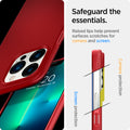 ACS03249 - iPhone 13 Pro Thin Fit in red showing the raised lips help prevent surfaces scratches for camera and screen. Screen protection and Camera protection