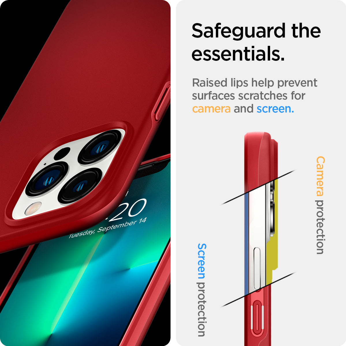 ACS03249 - iPhone 13 Pro Thin Fit in red showing the raised lips help prevent surfaces scratches for camera and screen. Screen protection and Camera protection
