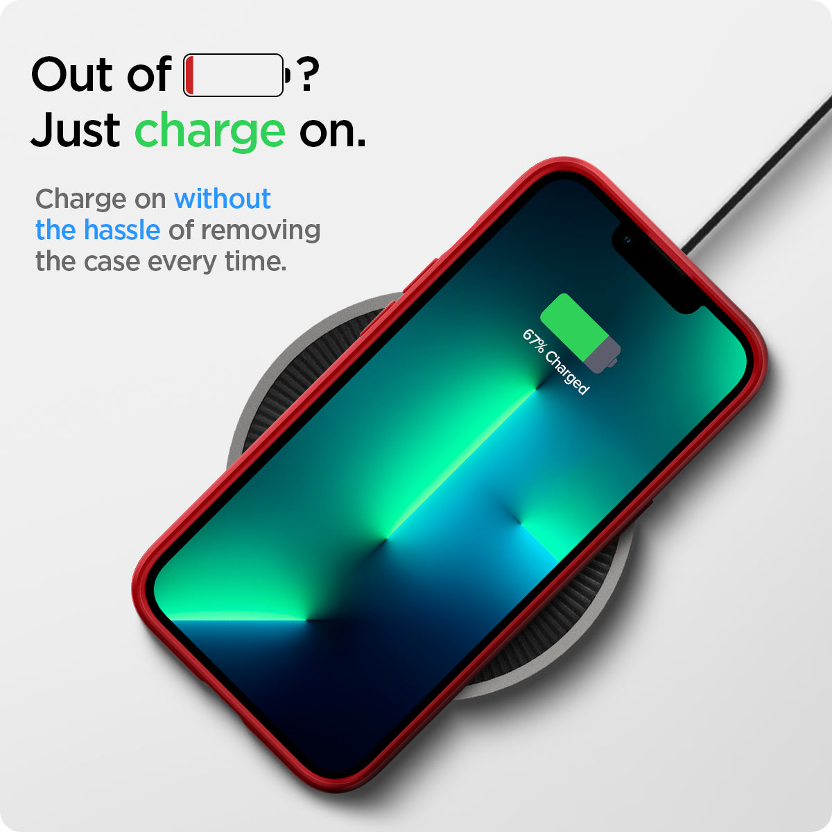 ACS03249 - iPhone 13 Pro Thin Fit in red showing charging on without the hassle of removing the case every time