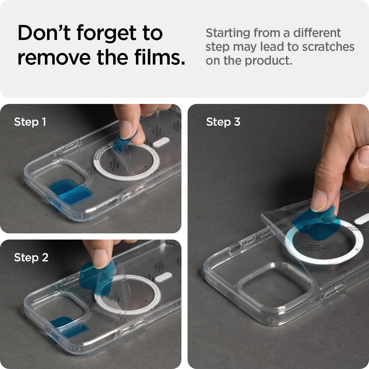 ACS03268 - iPhone 13 Pro Case Ultra Hybrid Zero One (MagFit) showing starting from a different step may lead t scratches on the product. Don't forget to remove the films