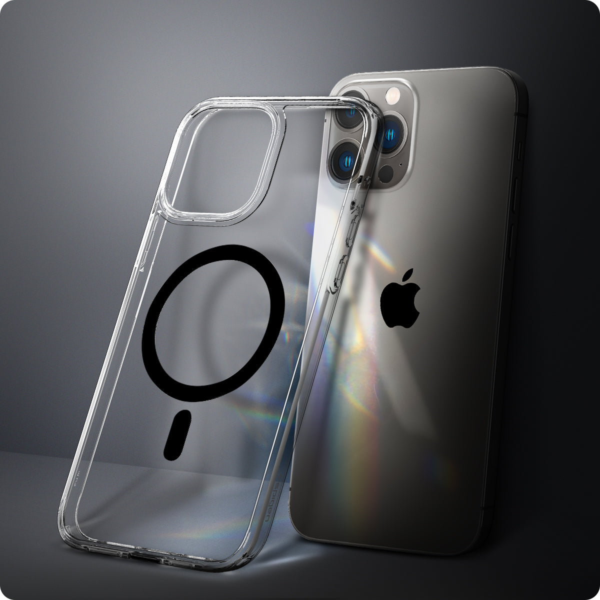 ACS03268 - iPhone 13 Pro Case Ultra Hybrid Zero One (MagFit) showing the back of the case leaning against the back of the device