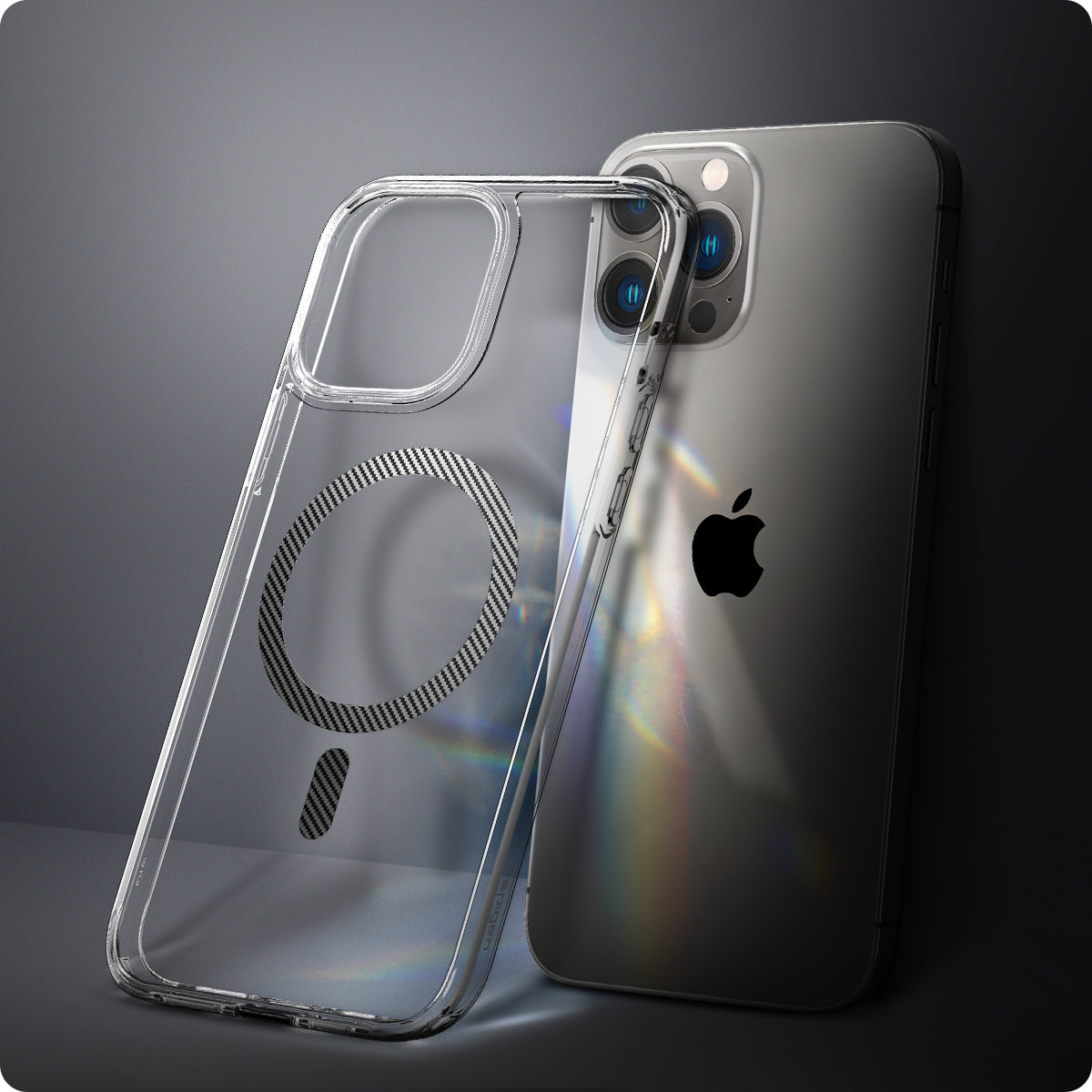 ACS04085 - iPhone 13 Pro Case Ultra Hybrid Mag (MagFit) in carbon fiber showing the back of the case leaning against the back of the device