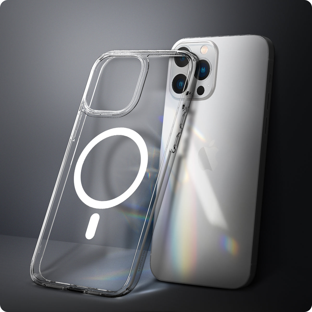 ACS03267 - iPhone 13 Pro Case Ultra Hybrid Mag Safe Compatible in white showing the back of the case leaning against the back of the device