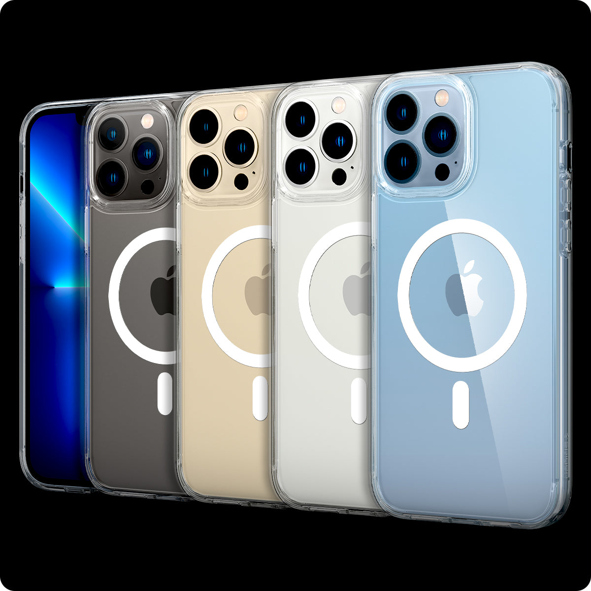 ACS03267 - iPhone 13 Pro Case Ultra Hybrid Mag Safe Compatible in white showing the multiple cases back and partial front showcasing different colors of the devices