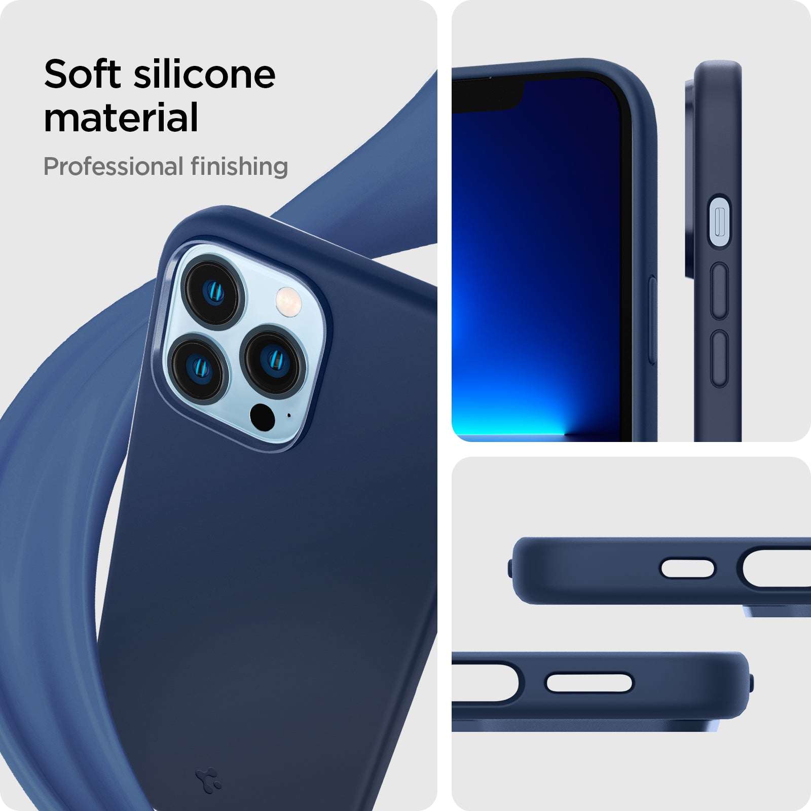 ACS03230 - iPhone 13 Pro Max Case Silicone Fit in navy blue showing the soft silicone material. Professional finishing