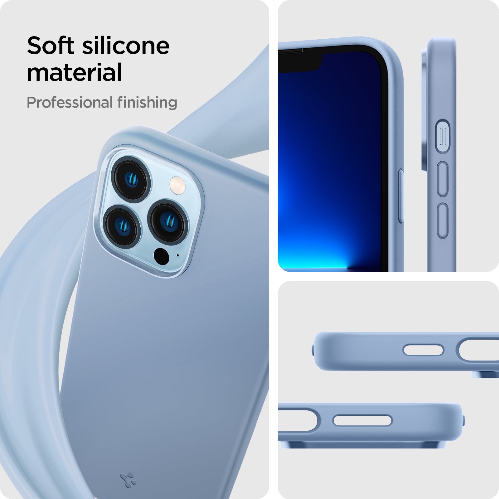 ACS03907 - iPhone 13 Pro Max Case Silicone Fit in Sierra Blue showing the soft silicone material. Professional finishing