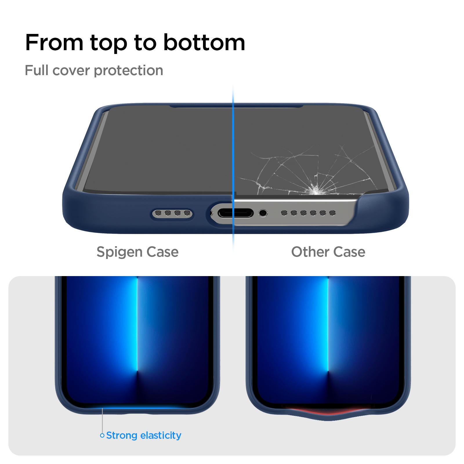 ACS03230 - iPhone 13 Pro Max Case Silicone Fit in navy blue showing the full cover protection from top to bottom. Strong elasticity
