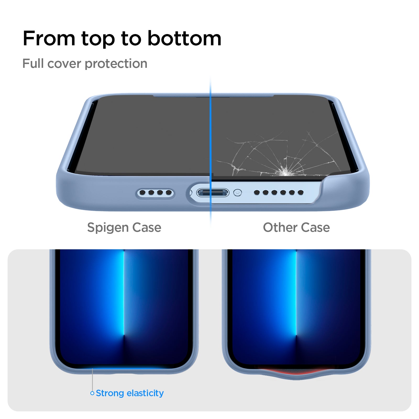 ACS03907 - iPhone 13 Pro Max Case Silicone Fit in Sierra Blue showing the full cover protection from top to bottom. Strong elasticity