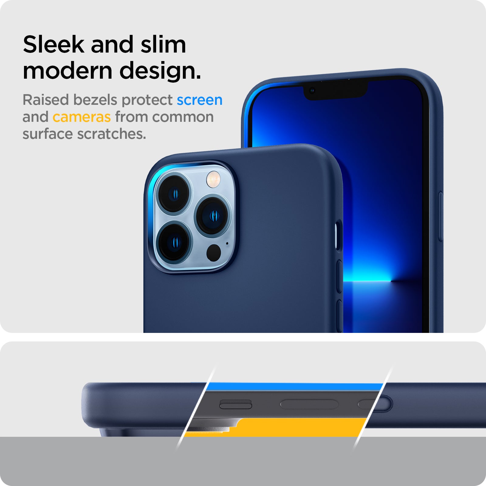 ACS03230 - iPhone 13 Pro Max Case Silicone Fit in navy blue showing the sleek and slim modern design. Raised bezels protect screen and cameras from common surface scratches