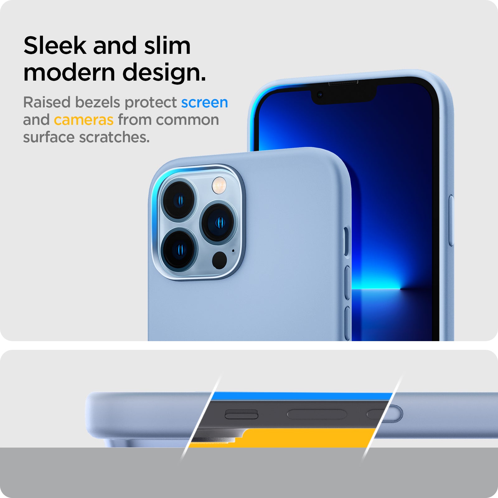 ACS03907 - iPhone 13 Pro Max Case Silicone Fit in Sierra Blue showing the sleek and slim modern design. Raised bezels protect screen and cameras from common surface scratches