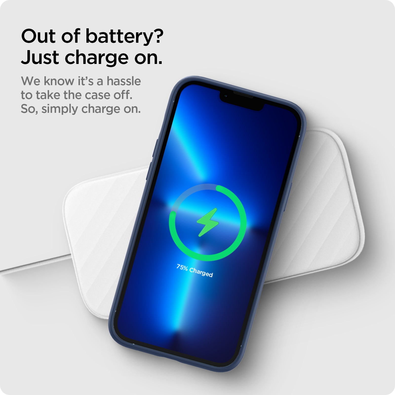 ACS03230 - iPhone 13 Pro Max Case Silicone Fit in navy blue showing simply charging on, we know it's a hassle to take the case off