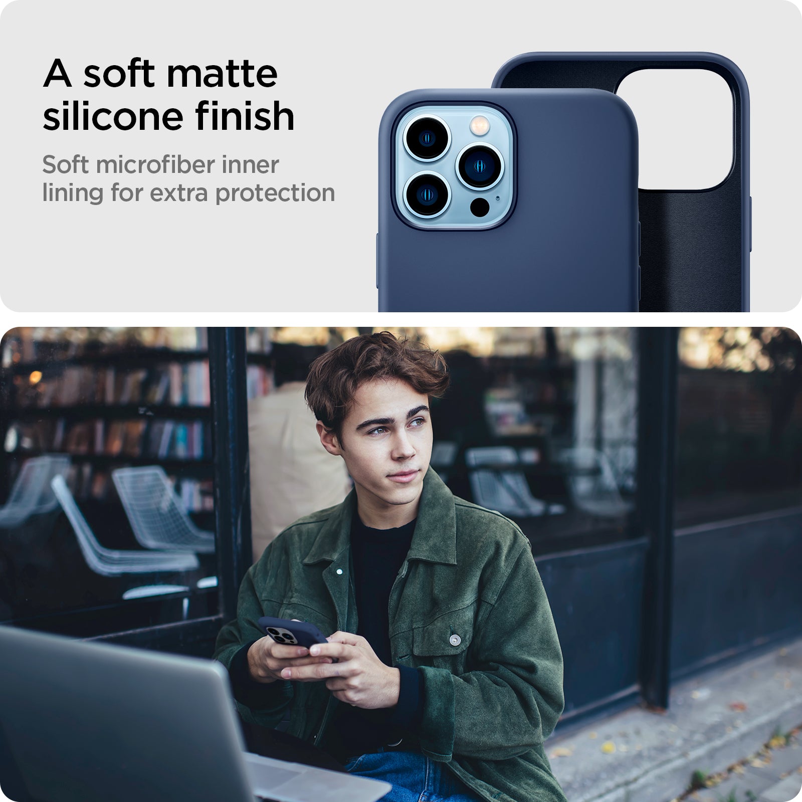 ACS03230 - iPhone 13 Pro Max Case Silicone Fit in navy blue showing a soft matte silicone finish. Soft microfiber inner lining for extra protection