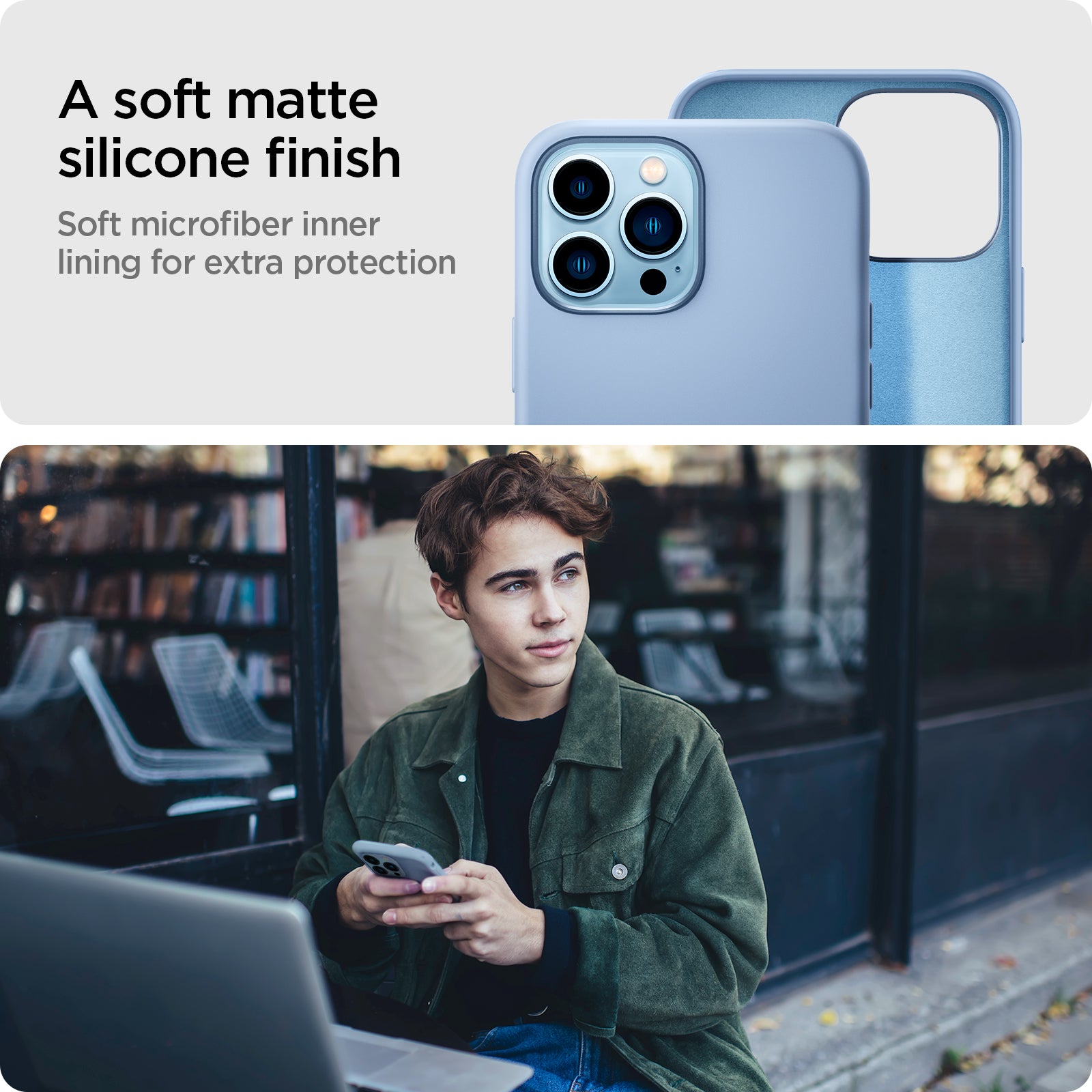 ACS03907 - iPhone 13 Pro Max Case Silicone Fit in Sierra Blue showing the soft matte silicone finish. Soft microfiber inner lining for extra protection