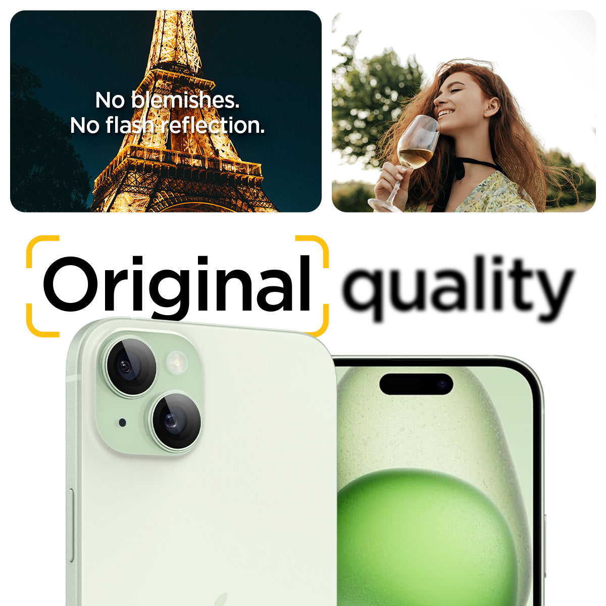 AGL07169 - iPhone 15 Plus Optik Pro EZ Fit Lens Protector in Green no blemishes. no flash reflection. original quality.