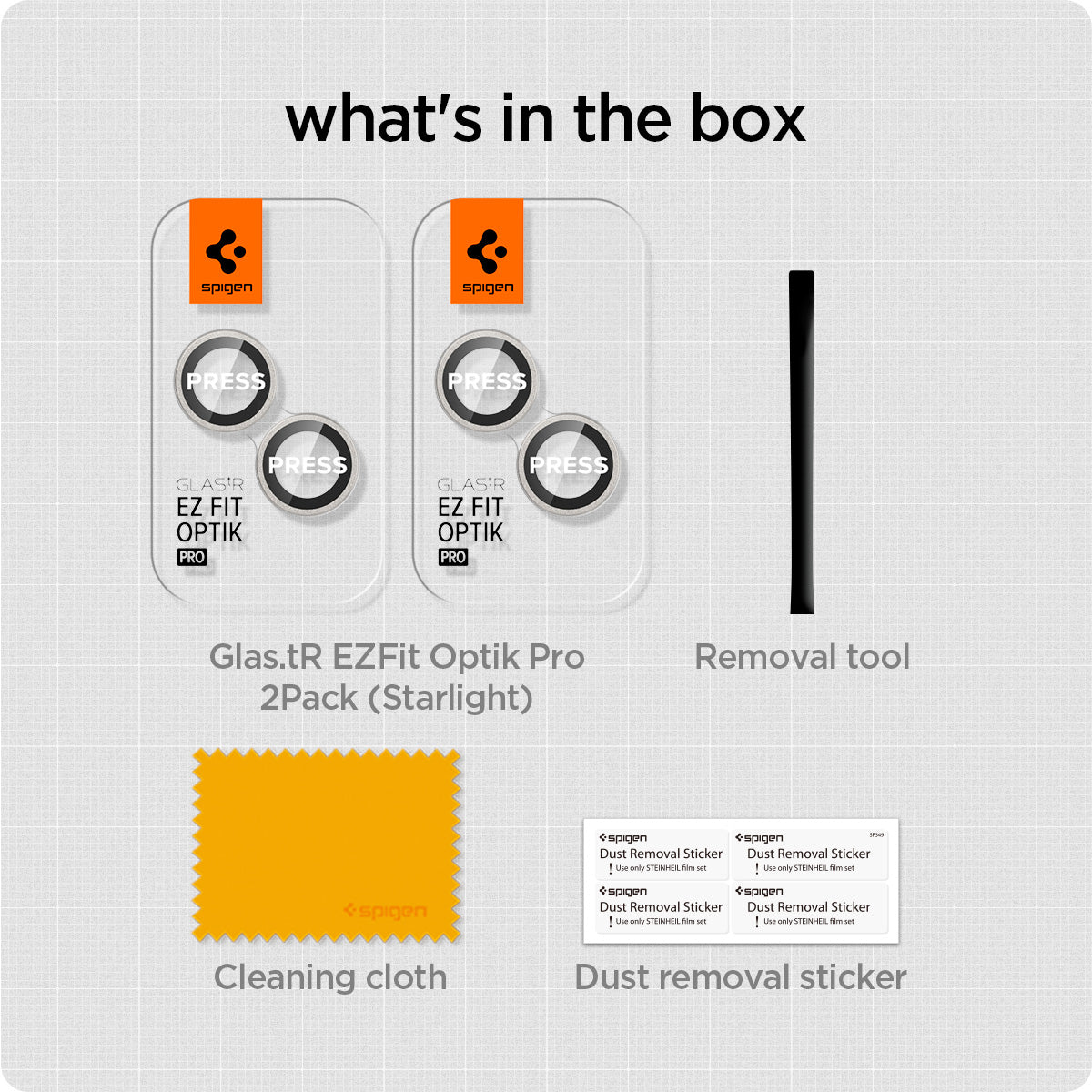 AGL05604 - iPhone 15 / 15 Plus Optik Pro Lens Protector in starlight what's in the box. Glas.tR EZFit Optik Pro 2Pack (black), Removal tool, Cleaning tool, Dust removal sticker.